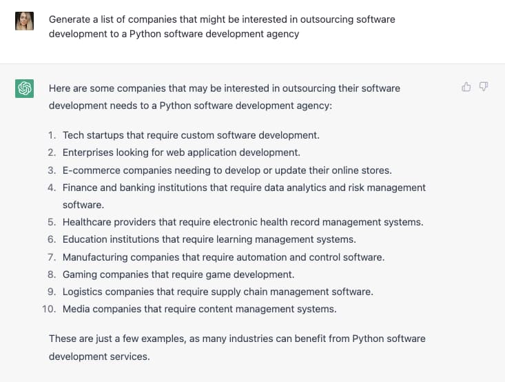 GPT 3 examples; generate a list of clients for a Python software agency