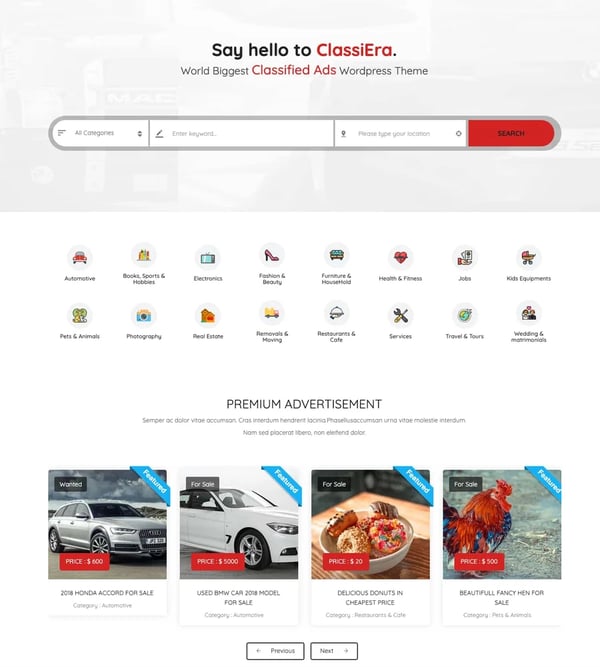 classiera sample homepage search module with footer ads and category icons