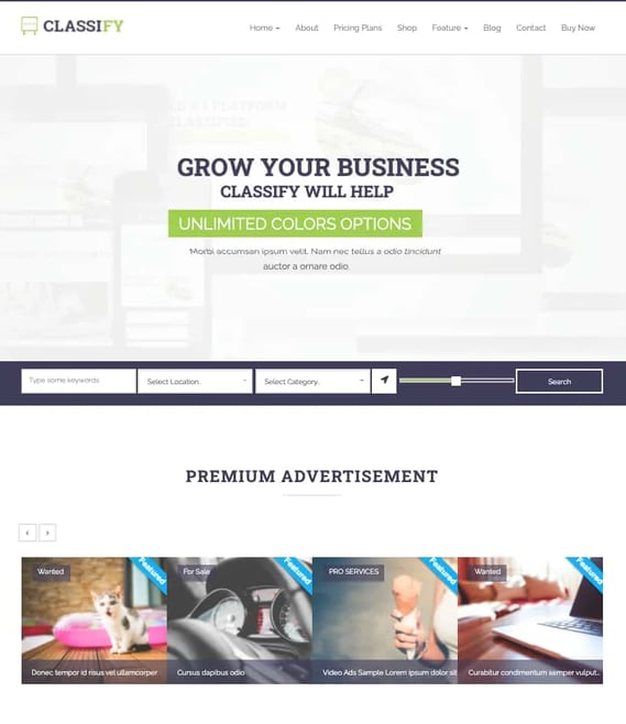 classify demo homepage with location search module and premium footer ad listings