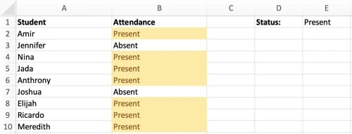 Conditional Formatting when the attendance status is set to "Present"