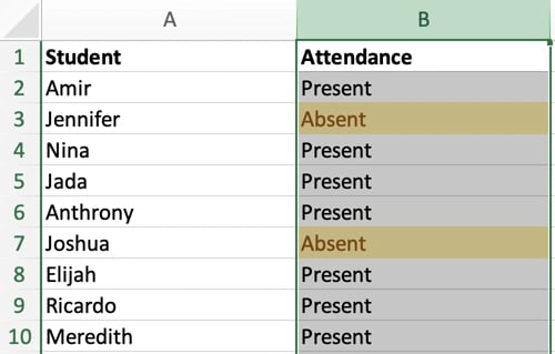 Selecting Column B which contains a Conditional Formatting rule.