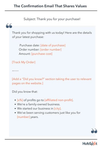 Thank you for shopping with us today! Here are the details of your latest purchase: Purchase date: [date of purchase] Order number: [order number] Amount: [purchase cost] [Track My Order] [Add a “Did you know?” section taking the user to relevant pages on the website.]