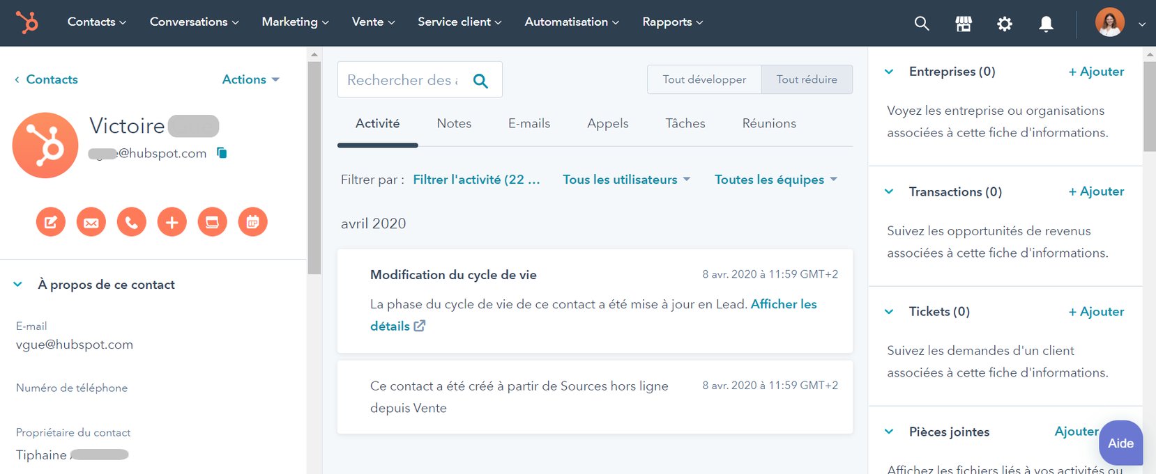 vue d'un lead dans l'interface de HubSpot