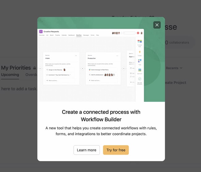 context marketing example: asana feature popup