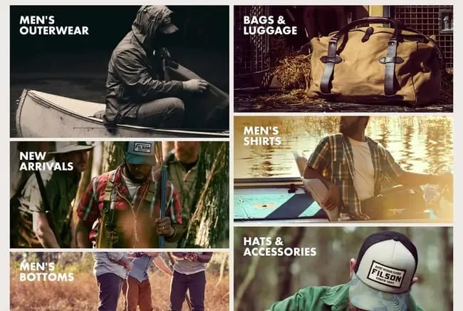 the filson outerwear website homepage featuring a grid layout of image links