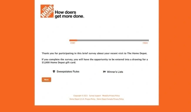 customer satisfaction survey example: home depot