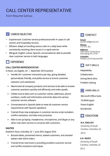 best customer service resume example call center