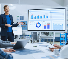 businesswoman presenting data on a large screen