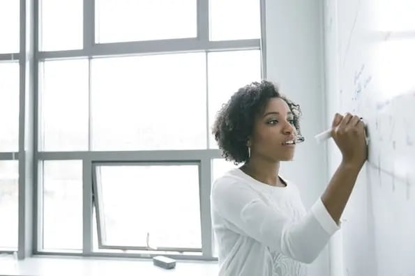 woman drawing a decision tree on a whiteboard