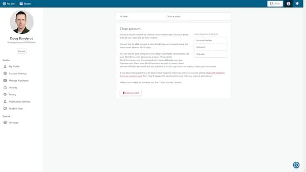 Warning on WordPress Close Account page.