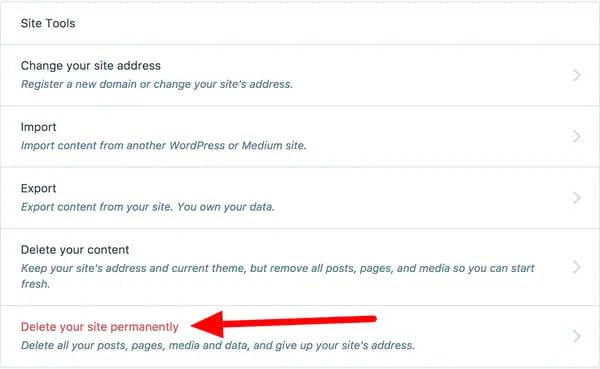 Delete your site on WordPress.