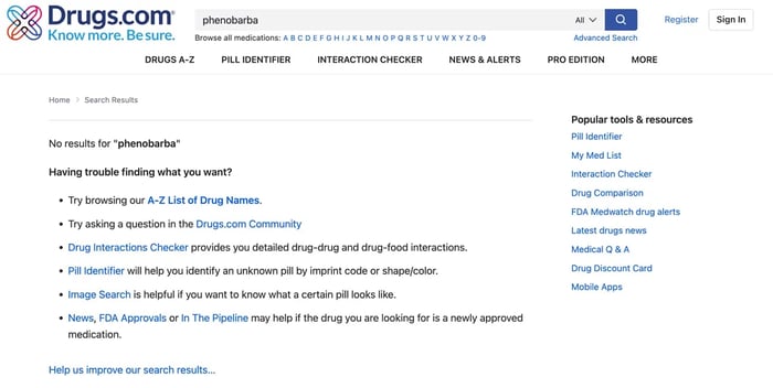 drugs.com no results found page