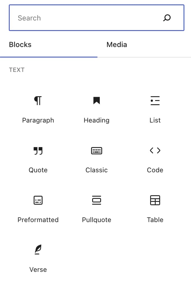 Elementor vs Gutenberg: Different blocks you can add to your page using the Gutenberg editor. 