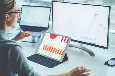 woman at desk with tablet laptop and monitor with graphs a/b testing email