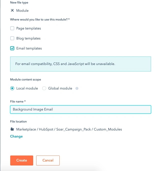 screenshot of creating a new module in hubspot