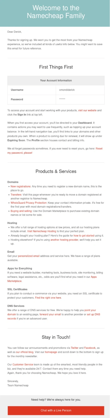 An example of how to show helpful resources in an email from Namecheap
