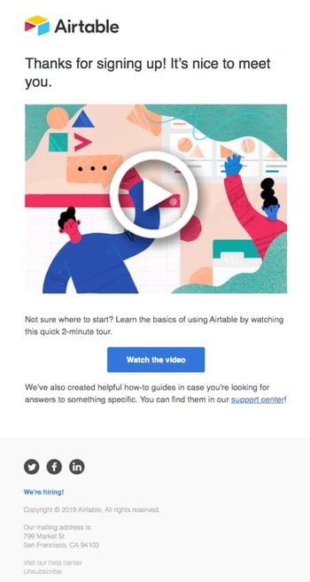 A sample email onboarding letter from Airtable showing how to capture audience attention with a CTA