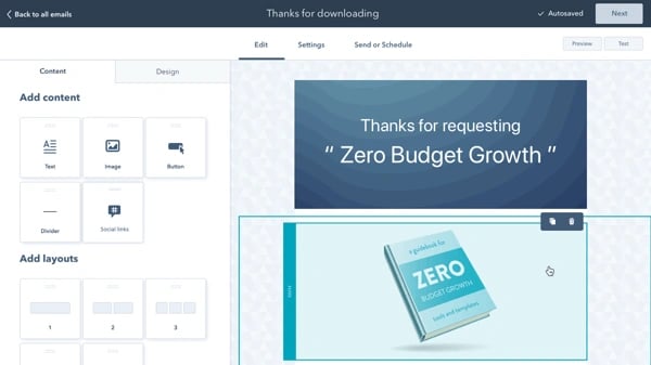 hubspot-marketing-email-drag and drop layout