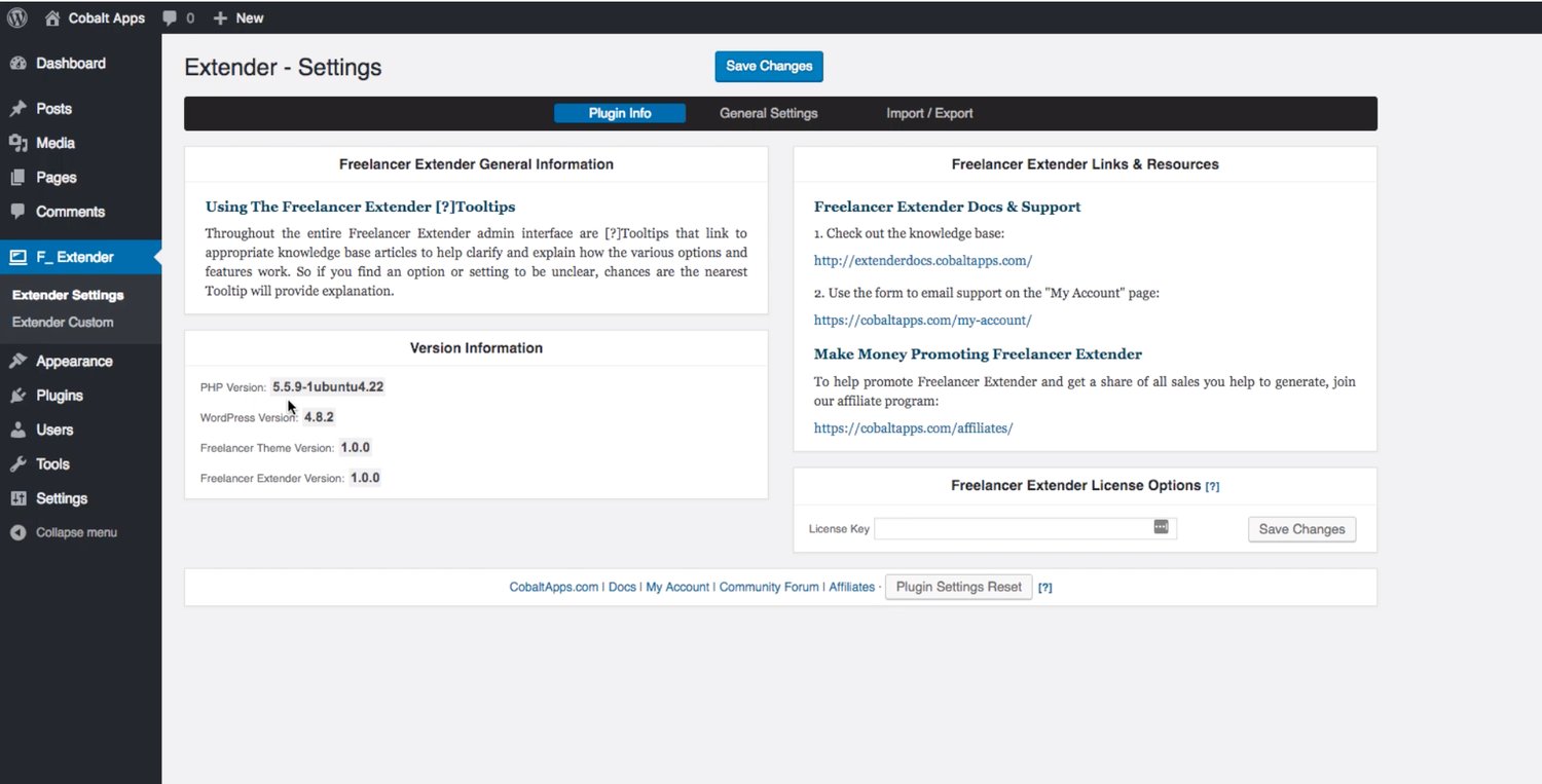 Plugin settings page of the genesis extender plugin