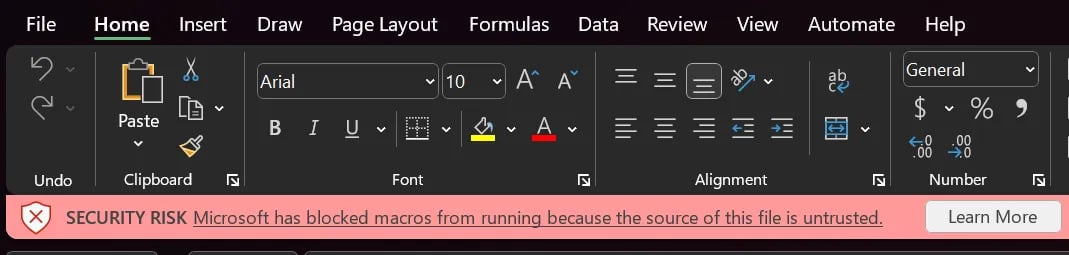 How to enable micros in a single Excel file, security risk message.