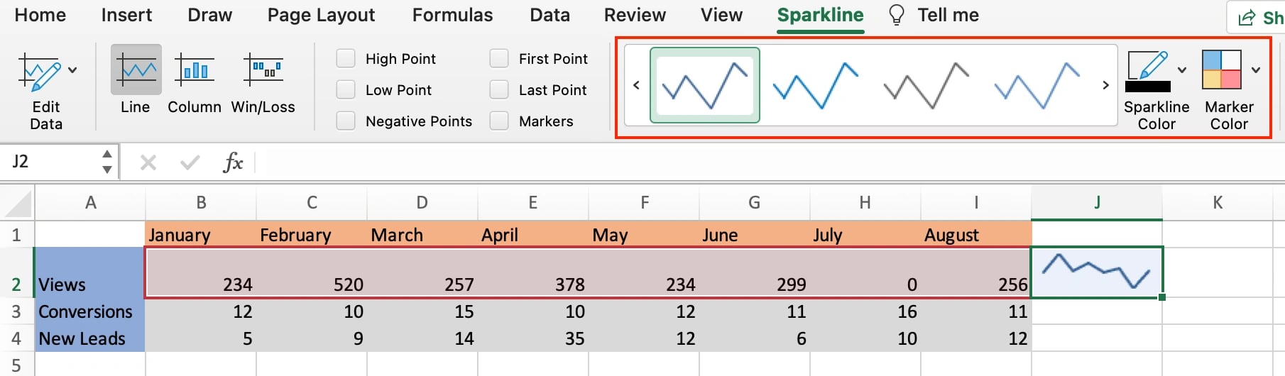 color code excel sparkline