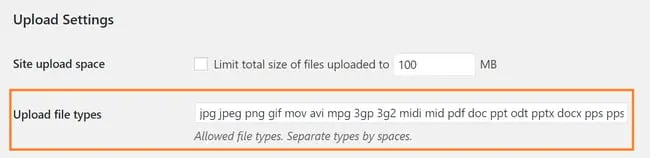 Adding allowed file types in upload settings of WordPress multisite installation