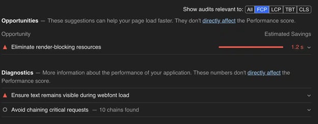 First contentful paint opportunities and diagnostics