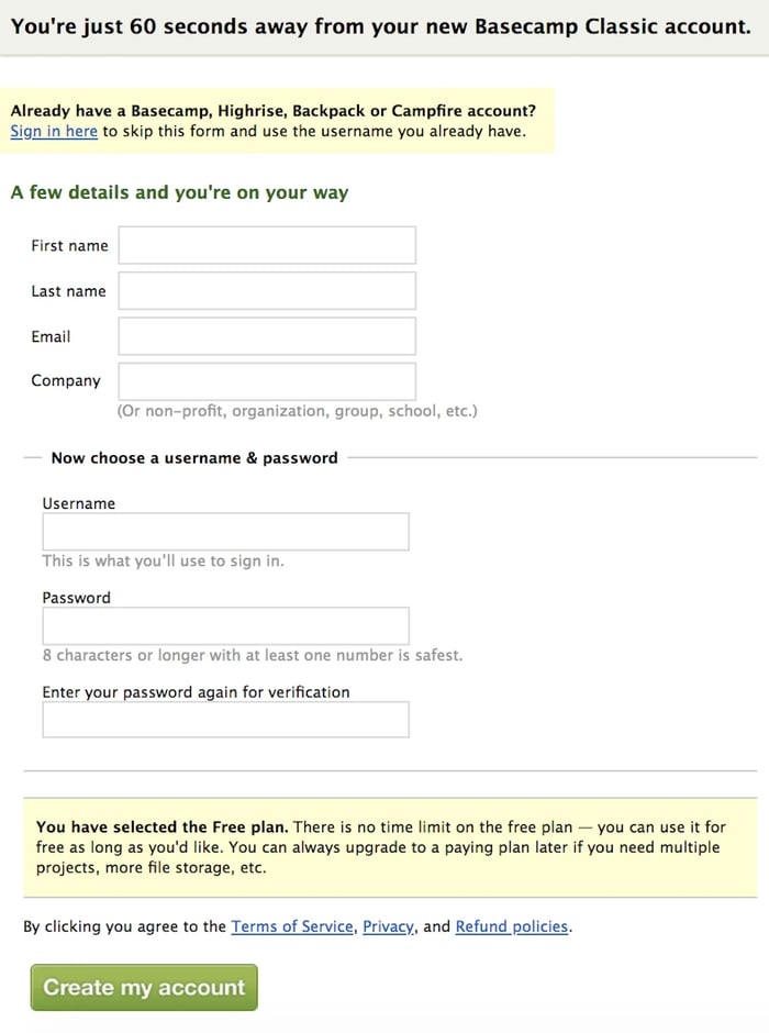 web form examples: Basecamp Classic