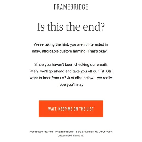 Framebridge sends out emails when its customers unsubscribe.