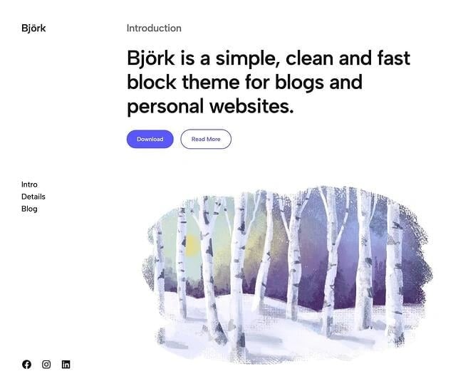 Gutenberg wordpress theme, Björk