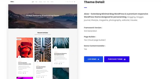 Gutenberg WordPRess theme, Akea