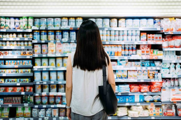 geographic segmentation in action while a woman looks at dairy products in her local grocery store