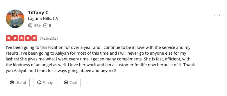 Positive customer review example: Lash studio