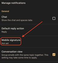 Параметр мобильной подписи на вкладке уведомлений Gmail App