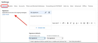 Gmail में सामान्य सेटिंग्स टैब का हस्ताक्षर अनुभाग