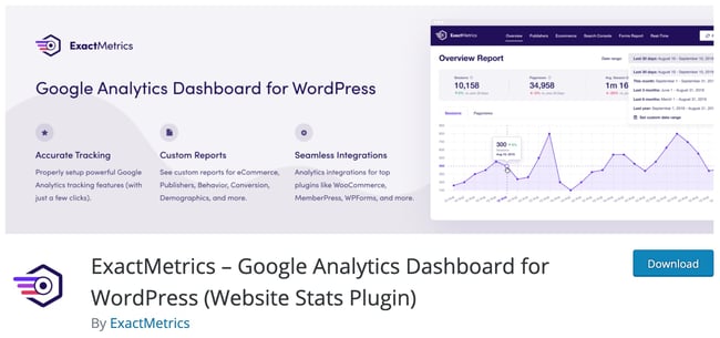 product page for the wordpress analytics plugin exactmetrics