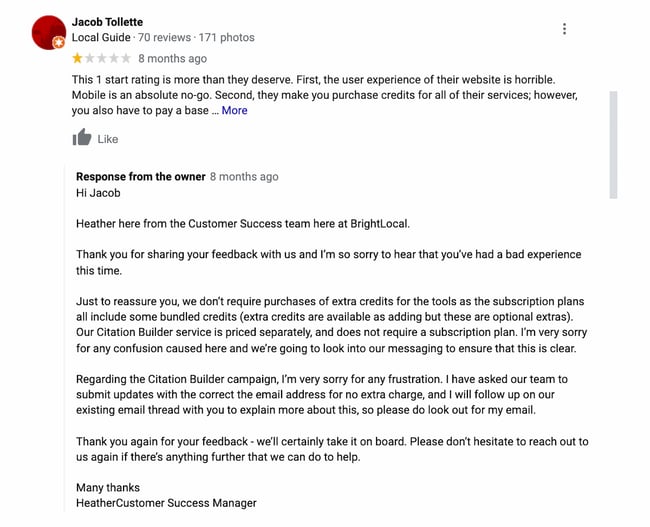 best google review responses: saas negative