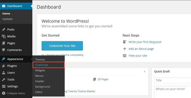 the wordpress dashboard