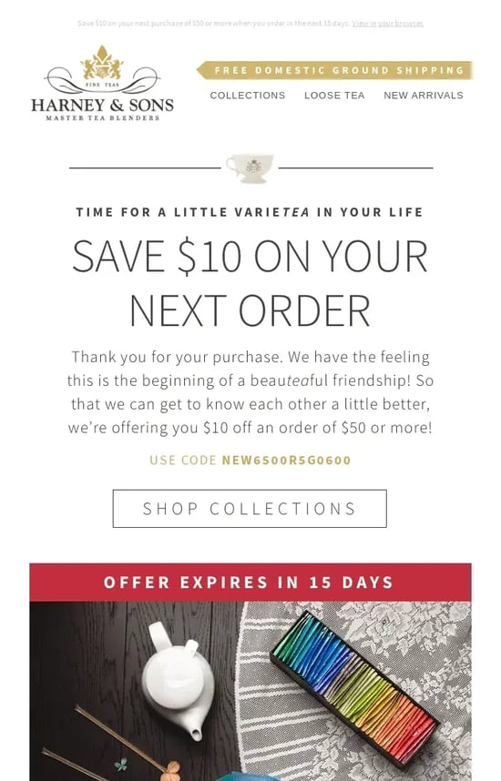 Harney & Sons’ discount coupon is a great addition to its post-purchase email.