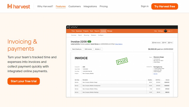 Harvest invoice software website