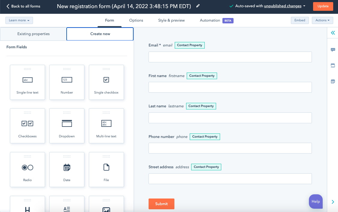 how to create a registration form hubspot step 8: choose style options