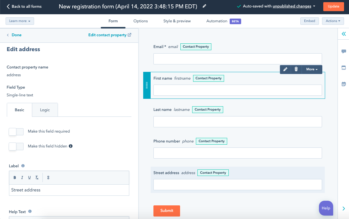 how to create a registration form hubspot step 7: select contact properties