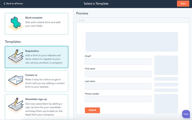 how to create a registration form hubspot step 6: click start