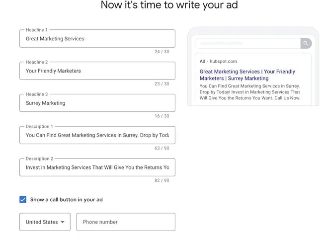 Google Adwords PPC campaign creation dashboard