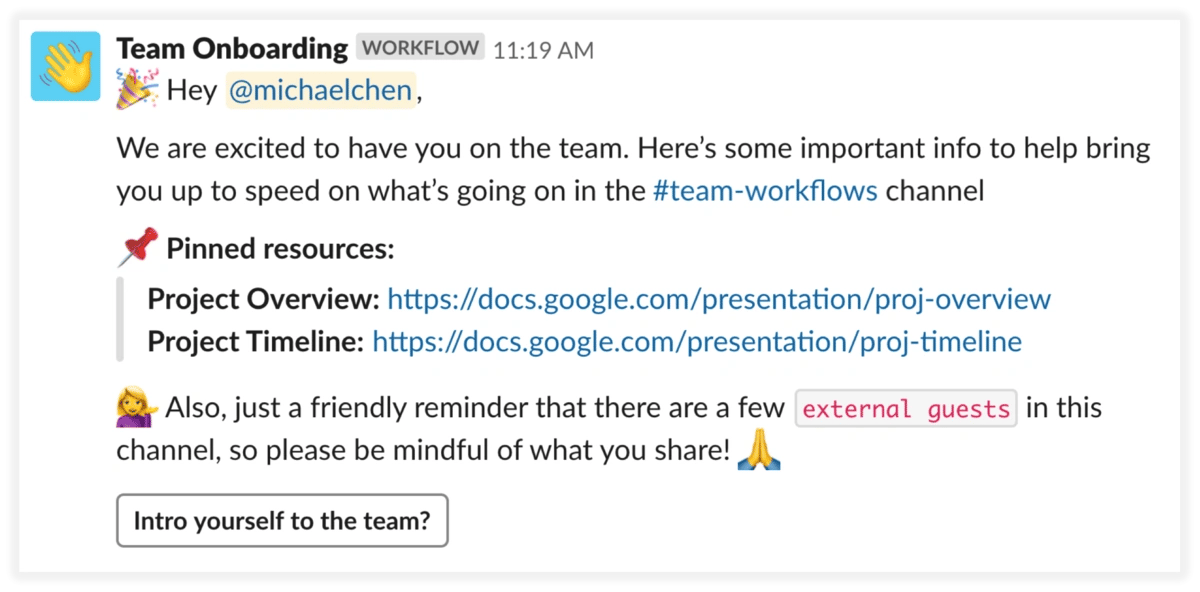 Slack Message from Team Onboarding via Workflow Builder tool