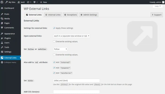 Automatically set external links to "nofollow" in the External Links – nofollow, noopener & new window plugin settings