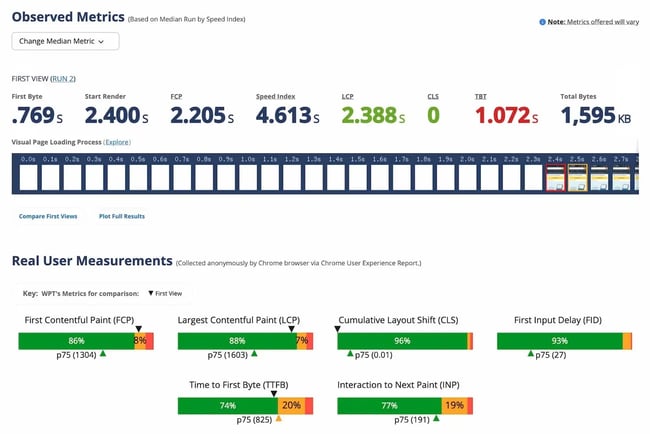 webpagetest: page speed test example 