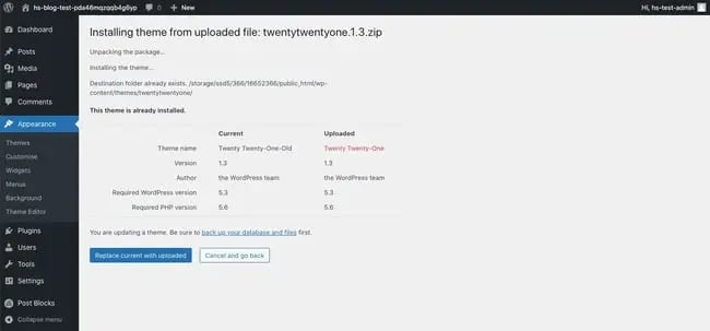 Click Replace current with uploaded button in WordPress dashboard to complete manually updating WordPress theme via FTP