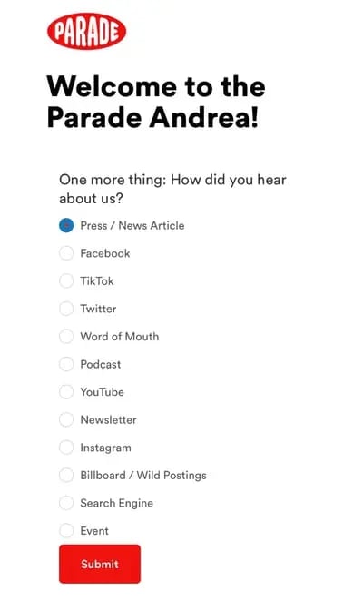Parade form uses checkboxes to ask buyers how they heard about the company
