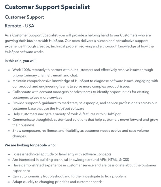 work from home customer service job: hubspot customer support specialist